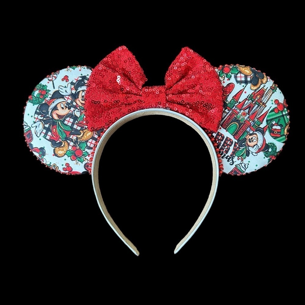 Women’s Handmade Disney Inspired Holiday Minnie Ears Red Sequined Bow - NWOT